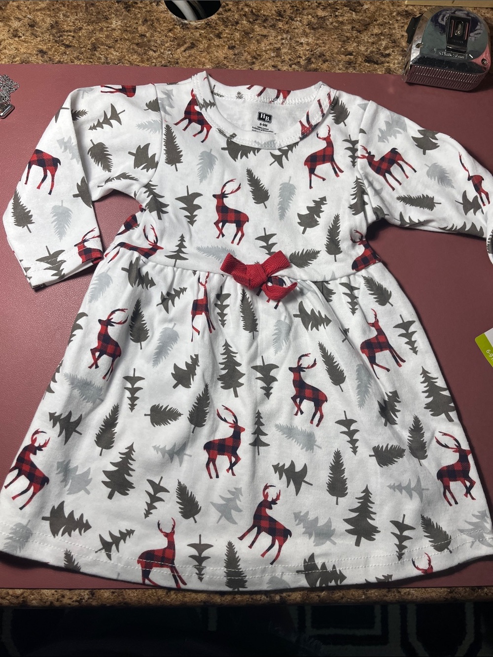Hudson Baby White Dress with Red Plaid Deer and Gray Tree Print